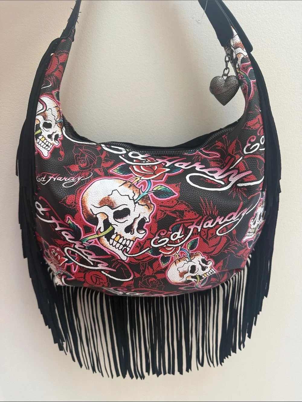NWT Ed Hardy Skull & Rose Fringe Hobo